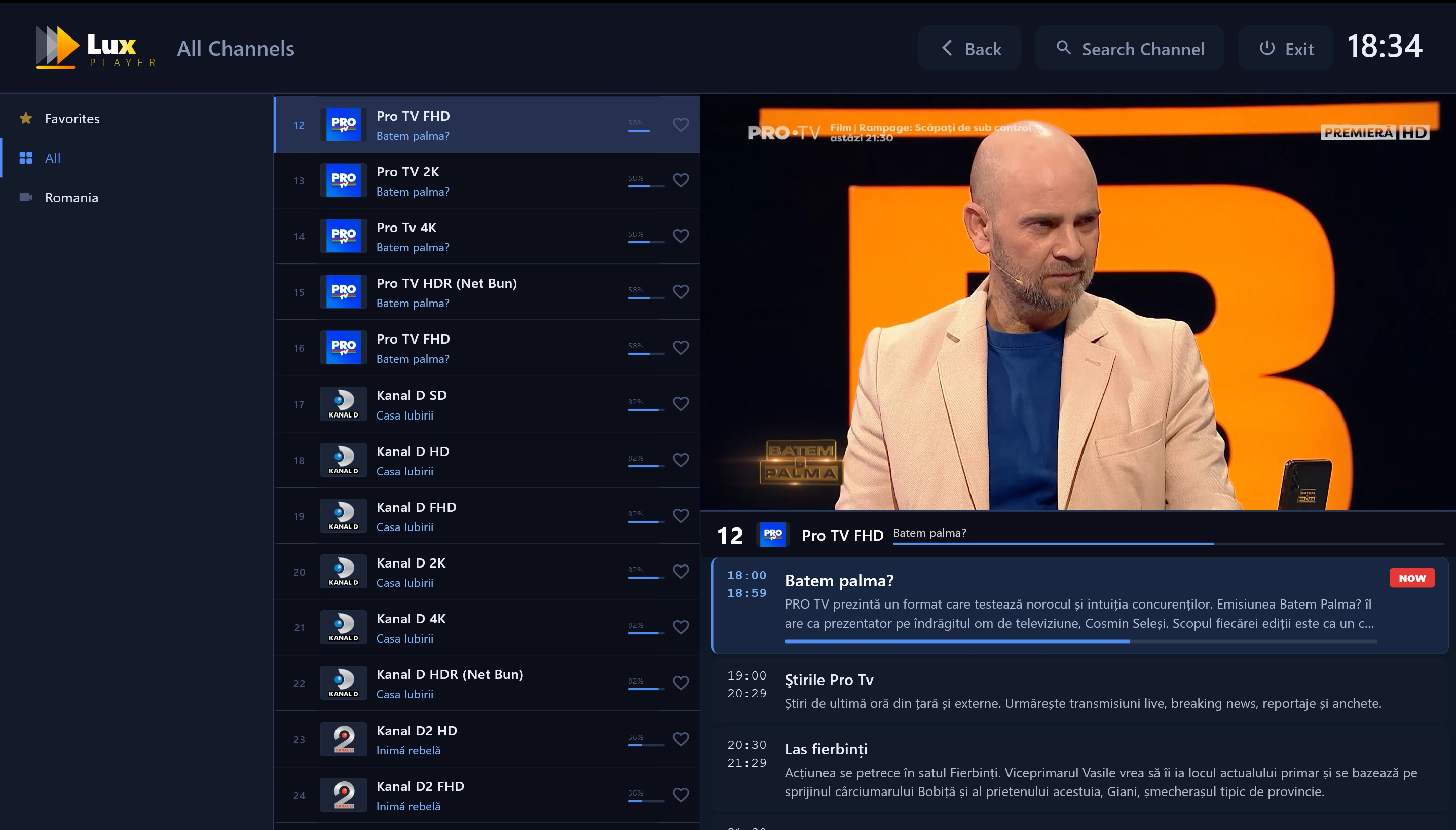 Interfața reală Lux Player Live TV, cu lista canalelor și programul TV