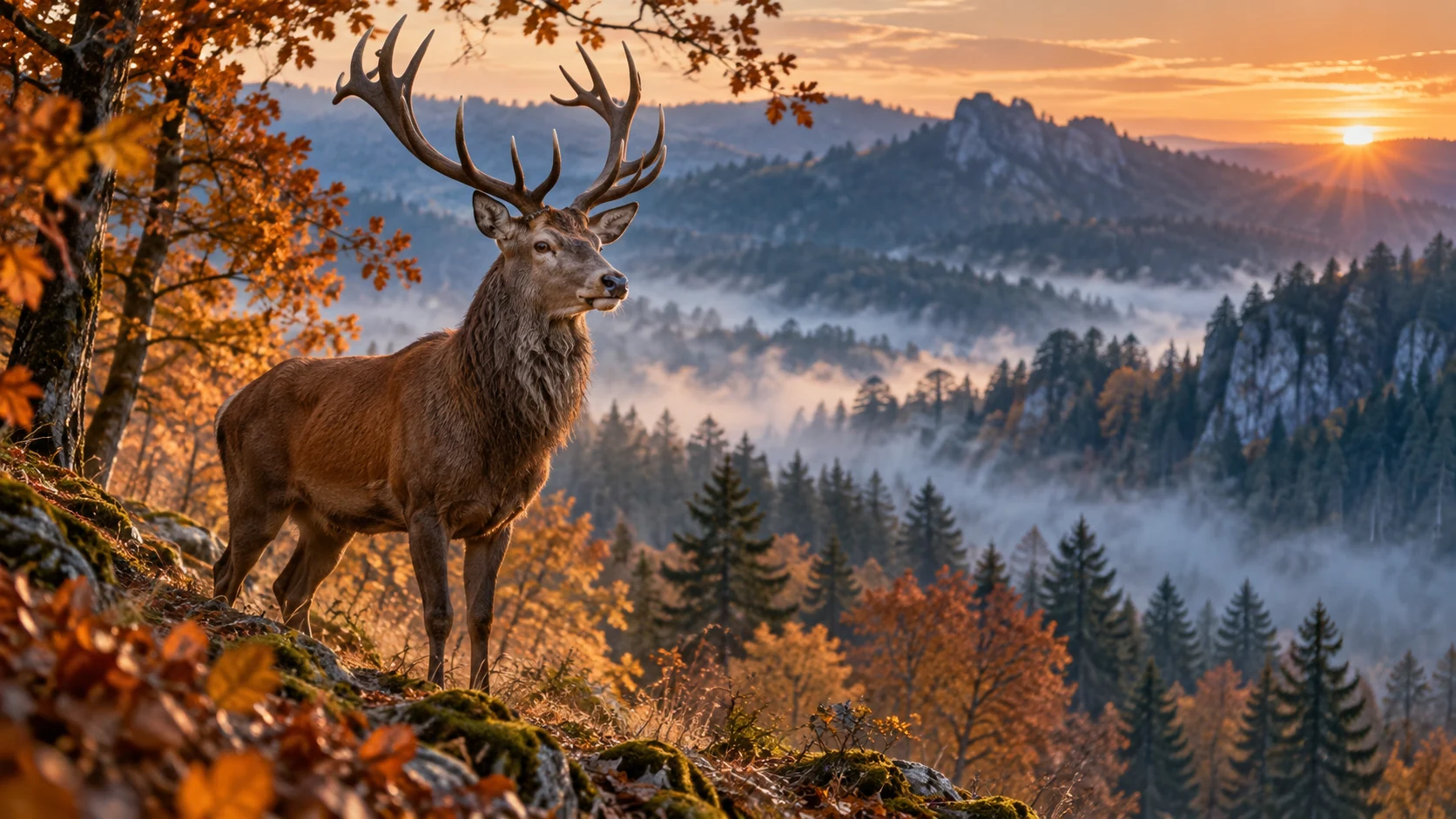 Scenă ilustrativă de documentar: cerb în pădure la răsărit